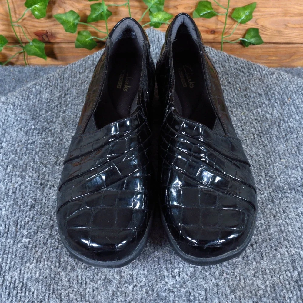 Clarks May Marigold Womens Loafer 6.5M Work Office Black Croc Patent Wedge Shoe